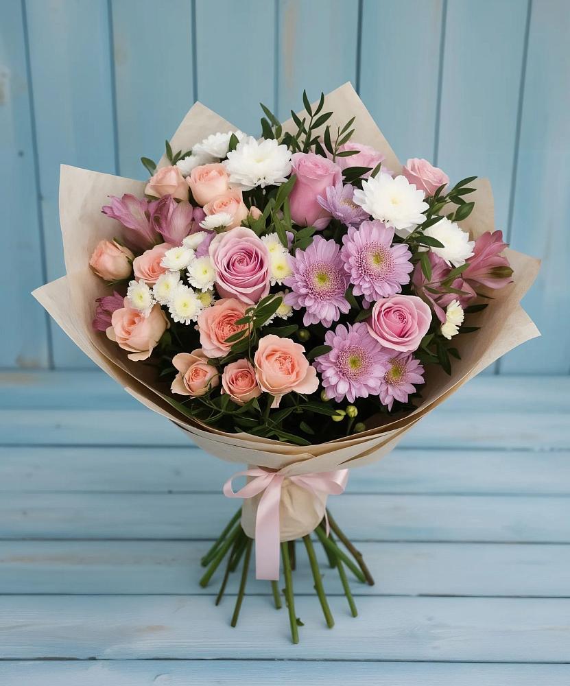 Букет цветов из: Хризантемы, Розы и Альстромерии в Казачка