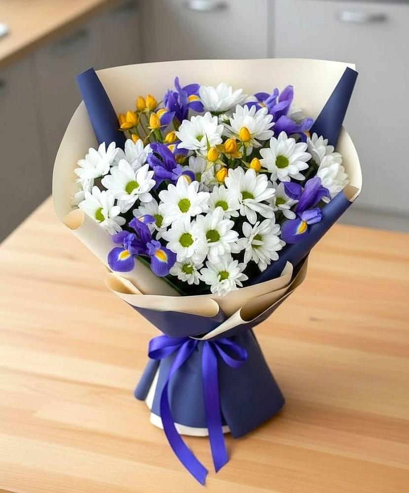 Букет цветов из: Розы, Ирисы и Хризантемы в Казачка