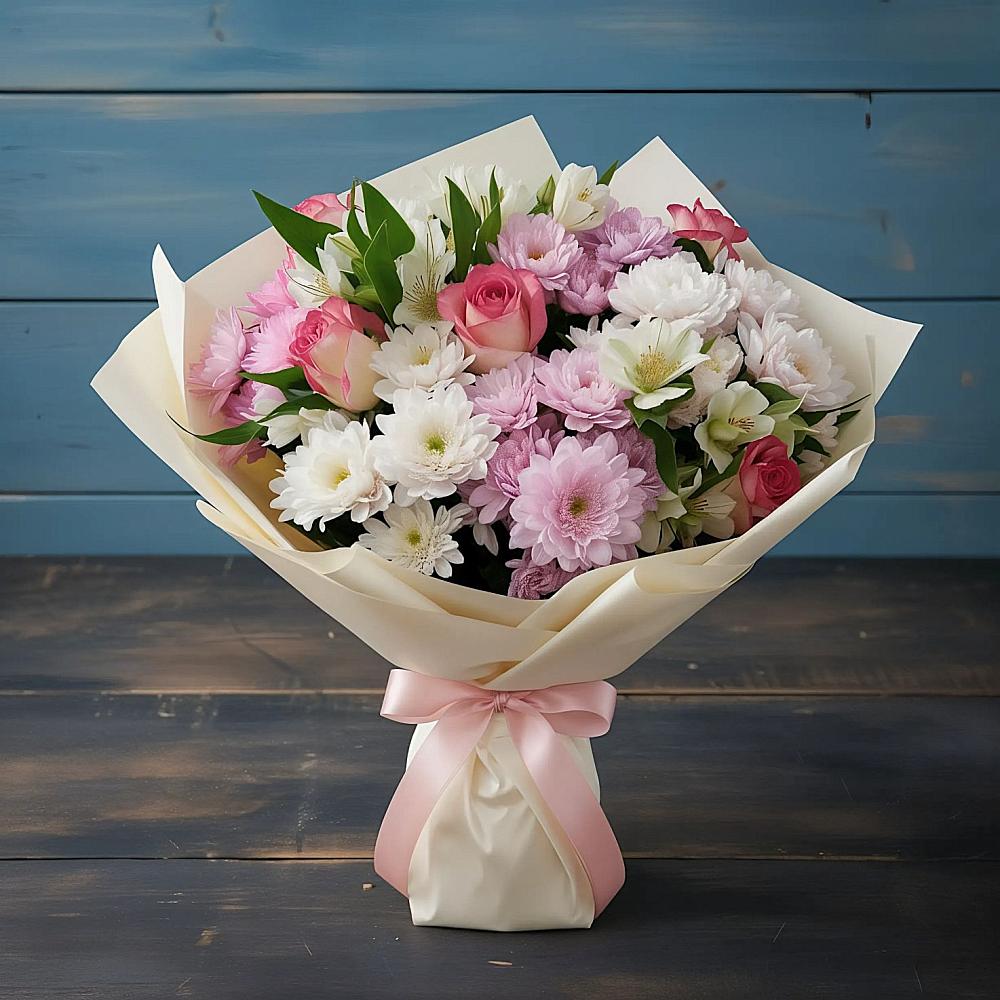 Букет цветов из: Хризантемы, Альстромерии и Розы в Казачка